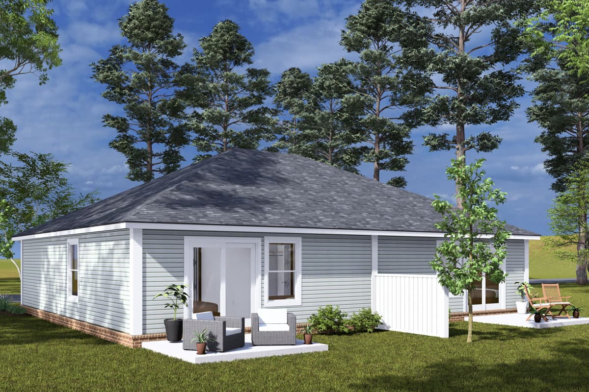 House plan exterior: One-story Modern Farmhouse with hip roof, horizontal siding, brick foundation, and sliding glass doors.