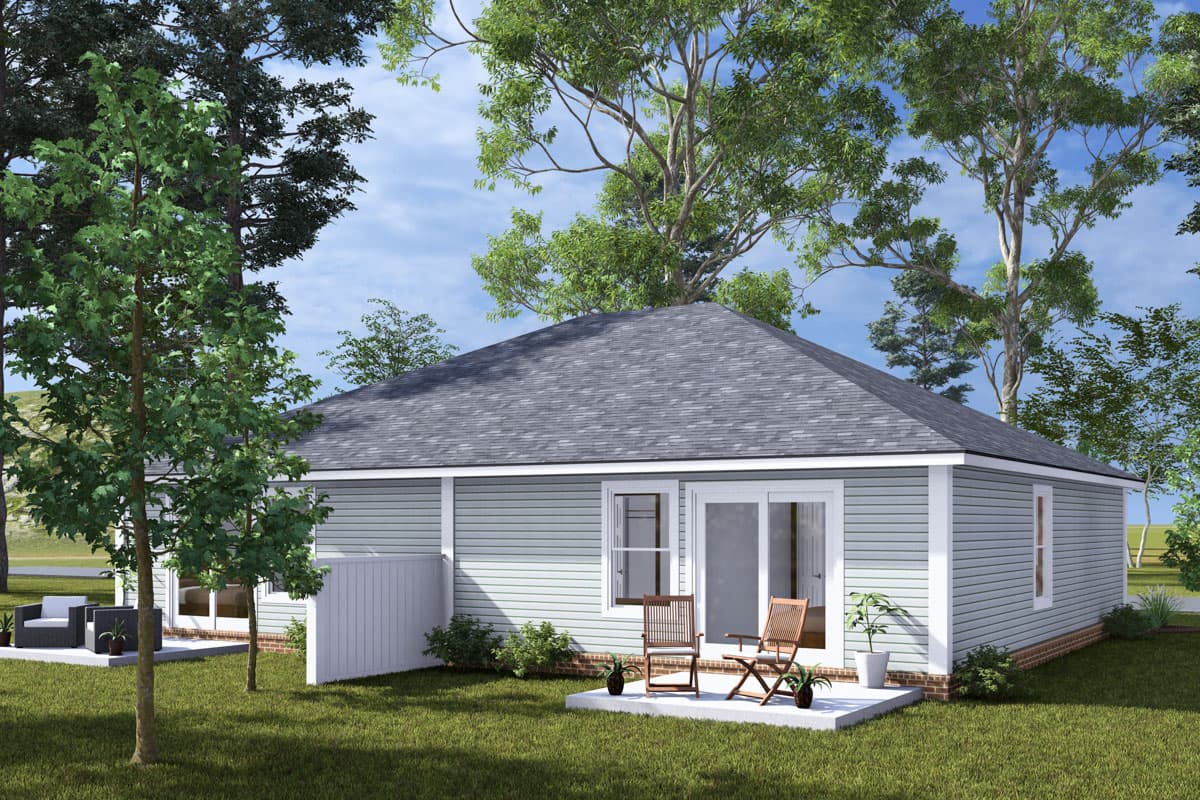 House plan exterior of a one-story home with horizontal siding, a prominent gable roof, and glass doors leading to a patio.