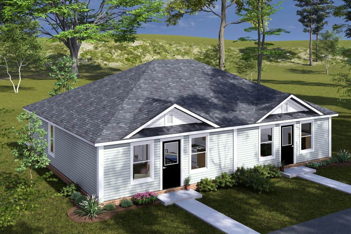 House plan exterior: single-story Ranch with horizontal siding, prominent gables, and dual entry doors.