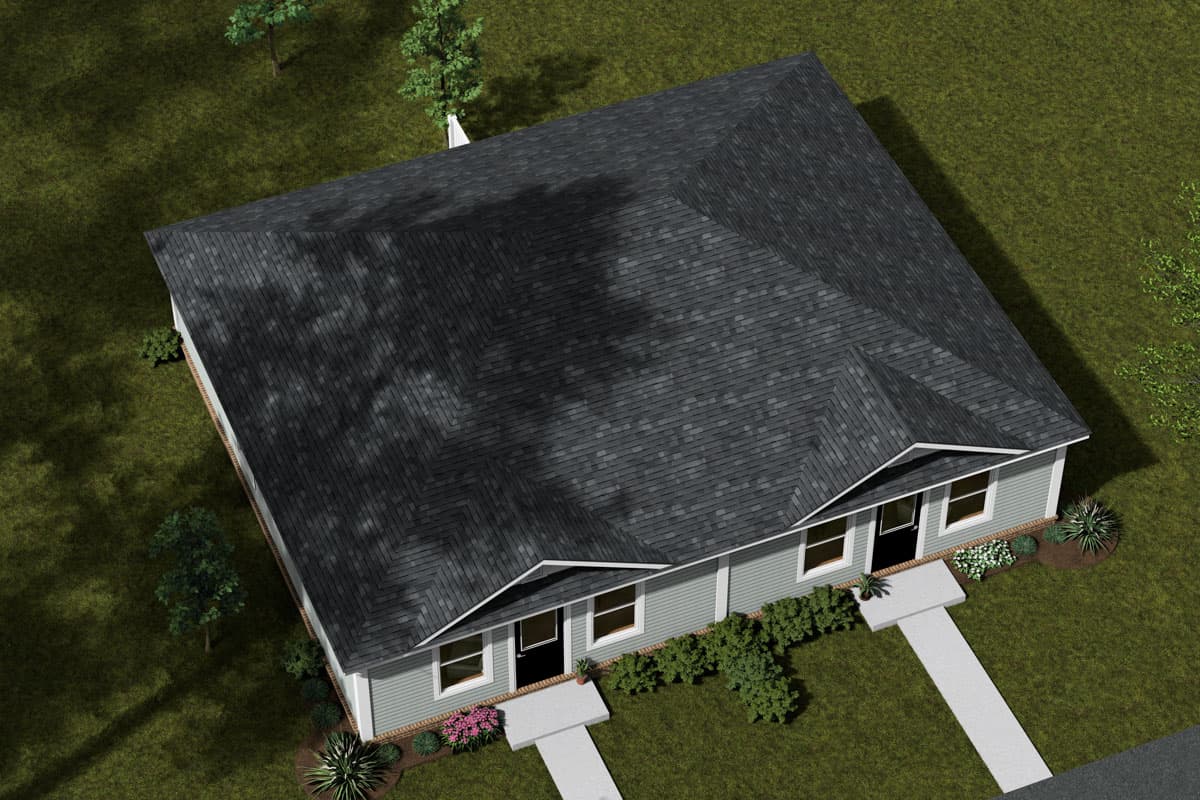 House plan exterior: Single-story residence with two front entrances, gable rooflines, and light gray siding.