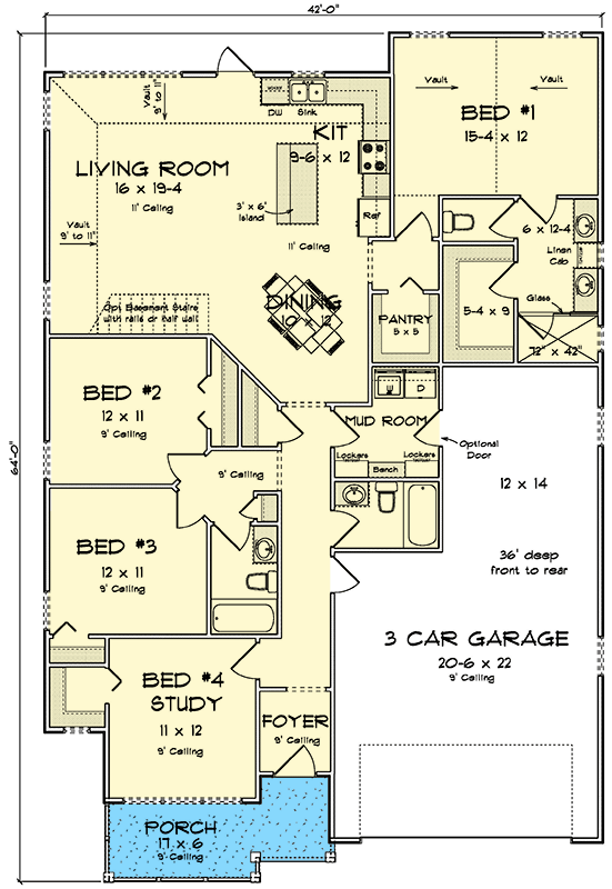 Plan 52403WM: 3 or 4 Bed Single-Story Cottage House Plan with Flex Room - 1764 Sq Ft - Floor Plan - Main Level - Cottage, Ranch