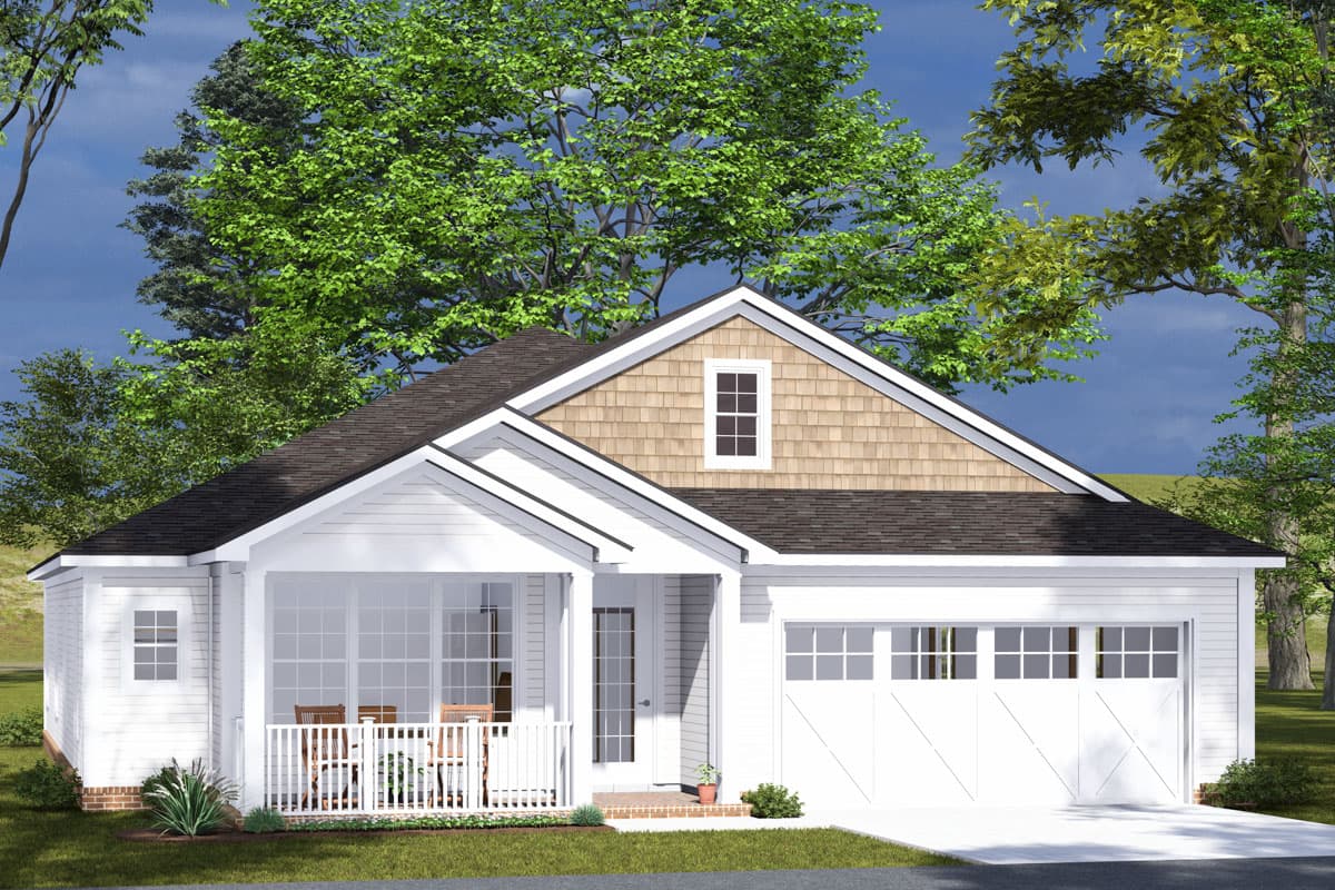 House plan exterior with Craftsman style. Features include a front porch, gabled roof, and attached garage. One story home design.