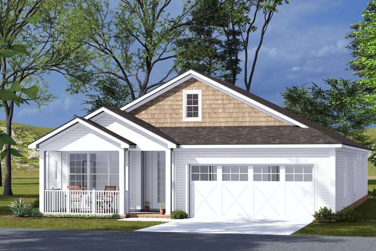 House plan exterior: Ranch style, single-story with covered front porch, gable dormer, and attached two-car garage.