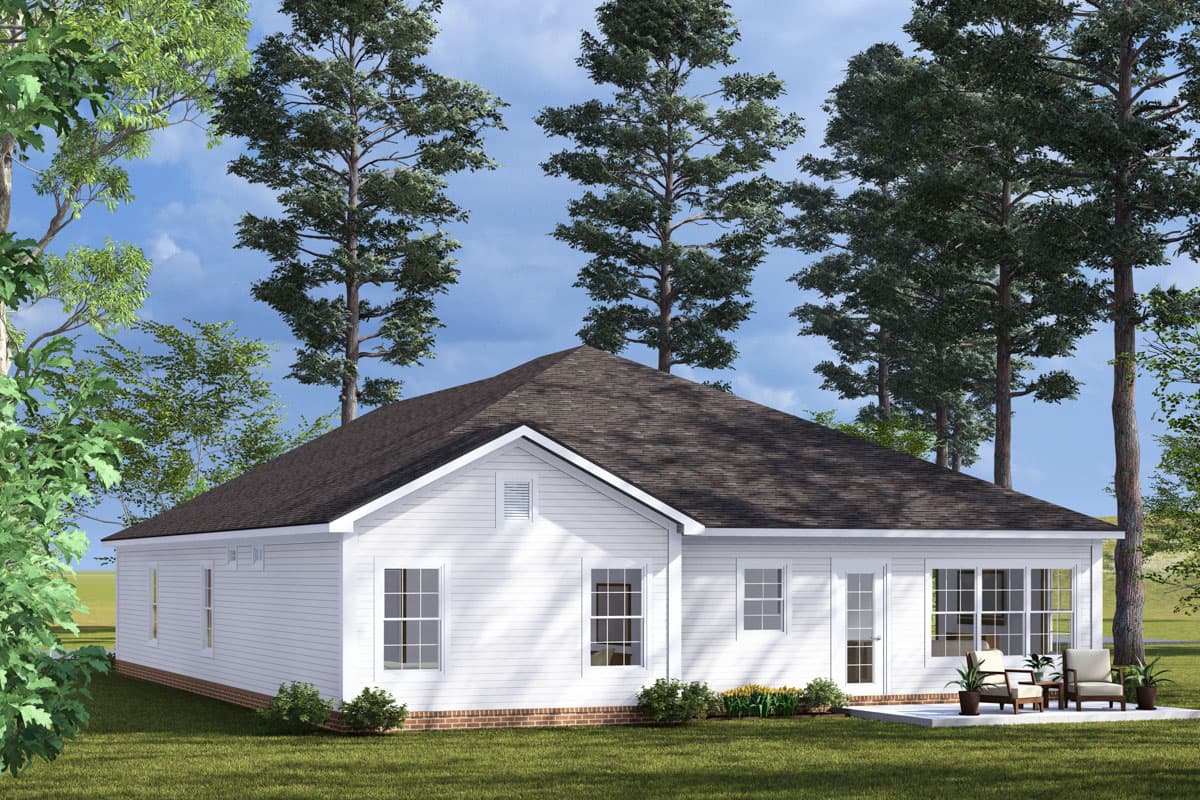 House plan exterior, single-story dwelling with hip roof, white siding, multiple windows, and a patio with seating.