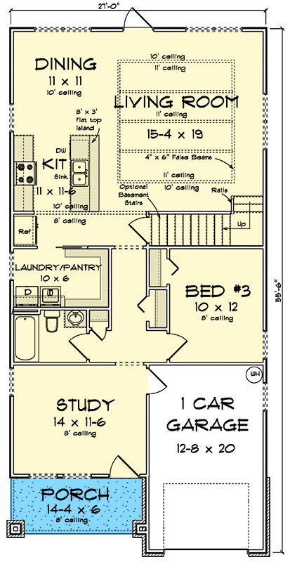 Plan 52405WM: 3-Bed Traditional House Plan with Flex Study - 2034 Sq Ft - Floor Plan - Main Level - Country, Shingle, Traditional