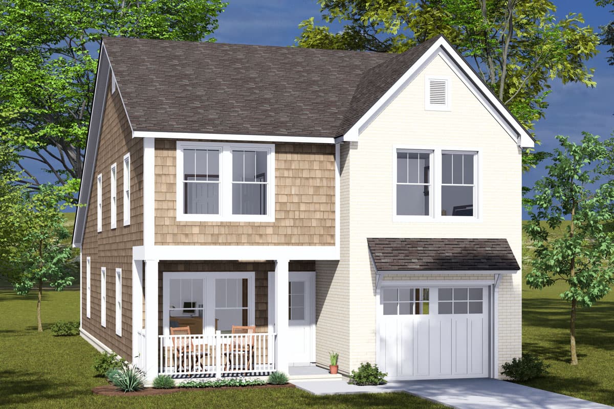 Two-story house plan exterior featuring board-and-batten siding, wood shakes, front porch with white railings, and attached garage.