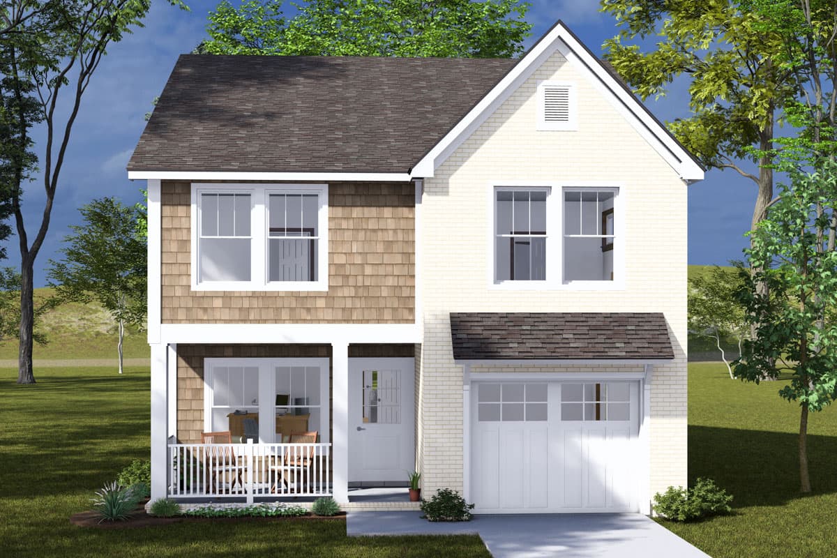 House plan exterior. Two-story home with Craftsman style. Features include a front porch, gables, a two-car garage, and cedar shake siding.