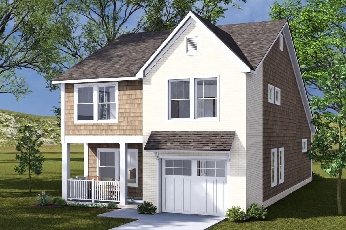 Two-story house plan exterior with shingle and brick siding, covered porch, and front-facing garage.