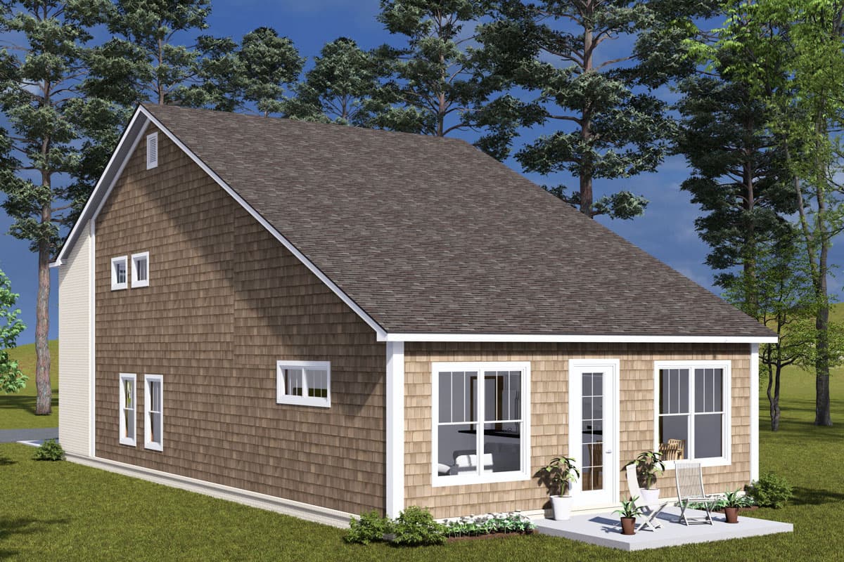 House plan exterior: two-story design with cedar shake siding, white trim, gabled roof, and multiple windows.