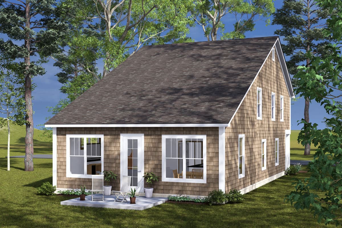 House plan exterior, two stories, shingle siding, prominent gabled roof, and front entrance with adjacent windows.