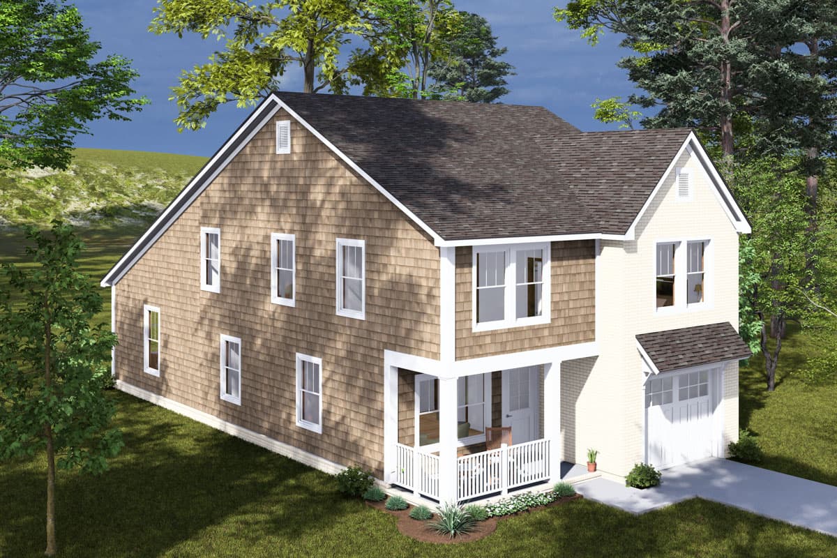 House plan exterior: Two-story house with shingle siding, gables, a covered porch, and an attached garage.