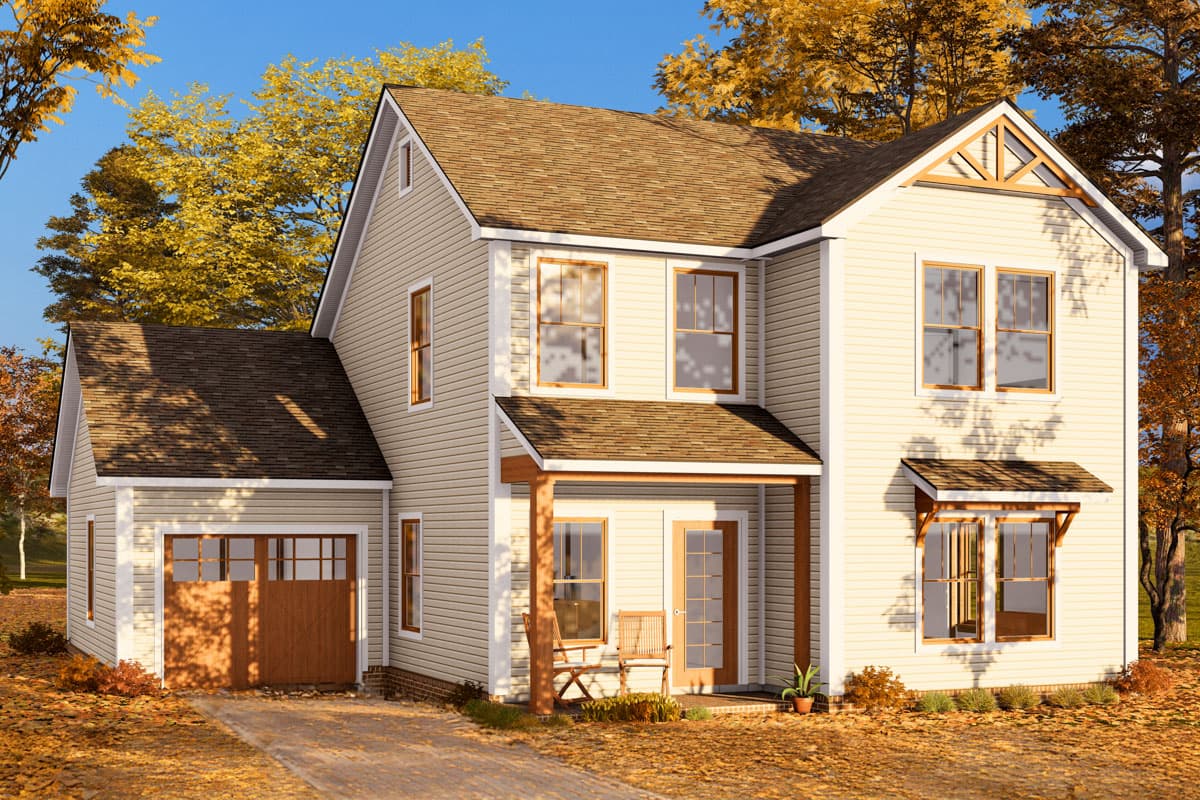 Two-story house plan exterior with a side-entry garage, covered porch, and decorative gable trim.