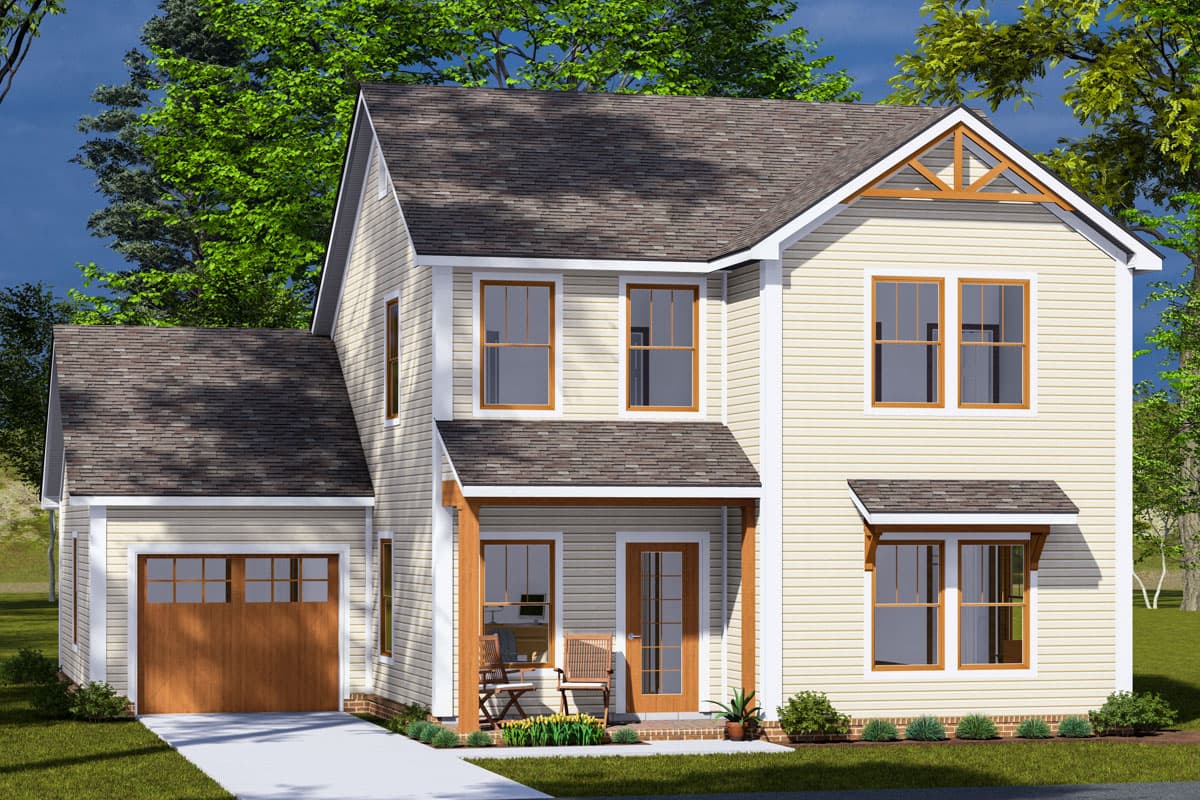 House plan exterior rendering. Two-story Craftsman style home with front porch, gables, and attached garage. Features include exposed rafter tails.