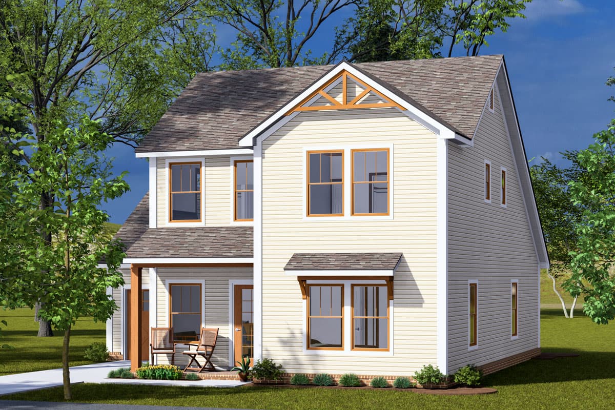 Two-story house plan exterior with gables, prominent front porch, and multiple windows.