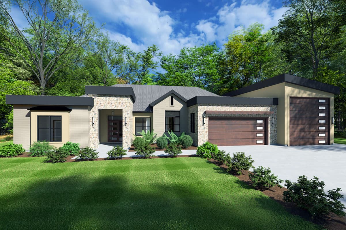 House plan exterior with modern style, one story, a gabled roof, stone accents, and a two-car garage with a flat roof.
