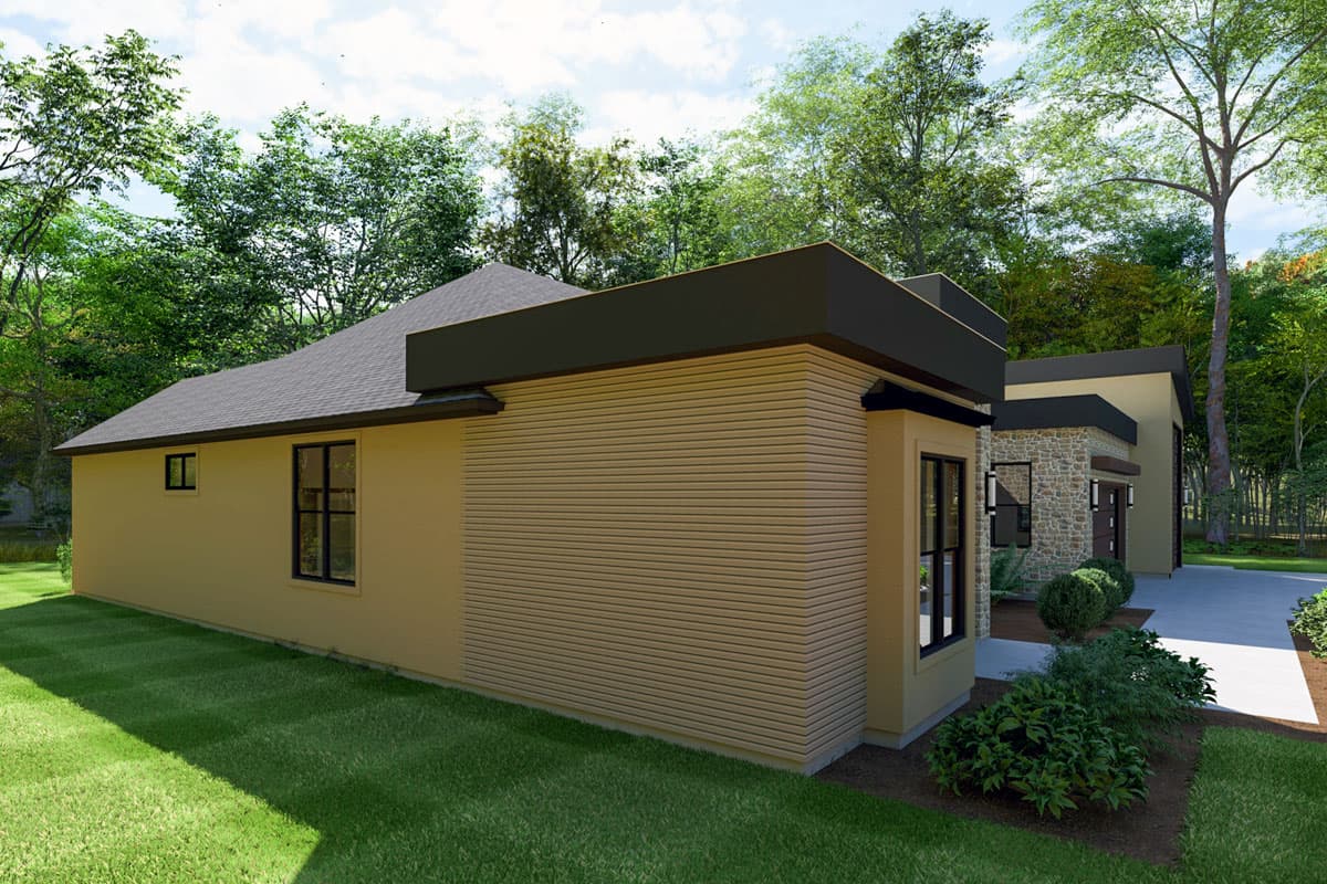 Modern house plan exterior with horizontal siding, stone accents, flat roof overhangs, and asphalt shingle roof.
