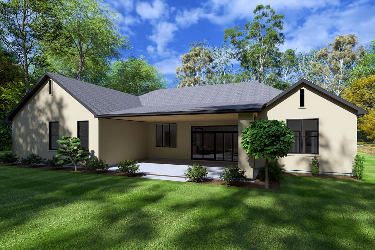 House plan exterior: Single-story ranch with covered patio, gabled roofline, and dark-framed windows.