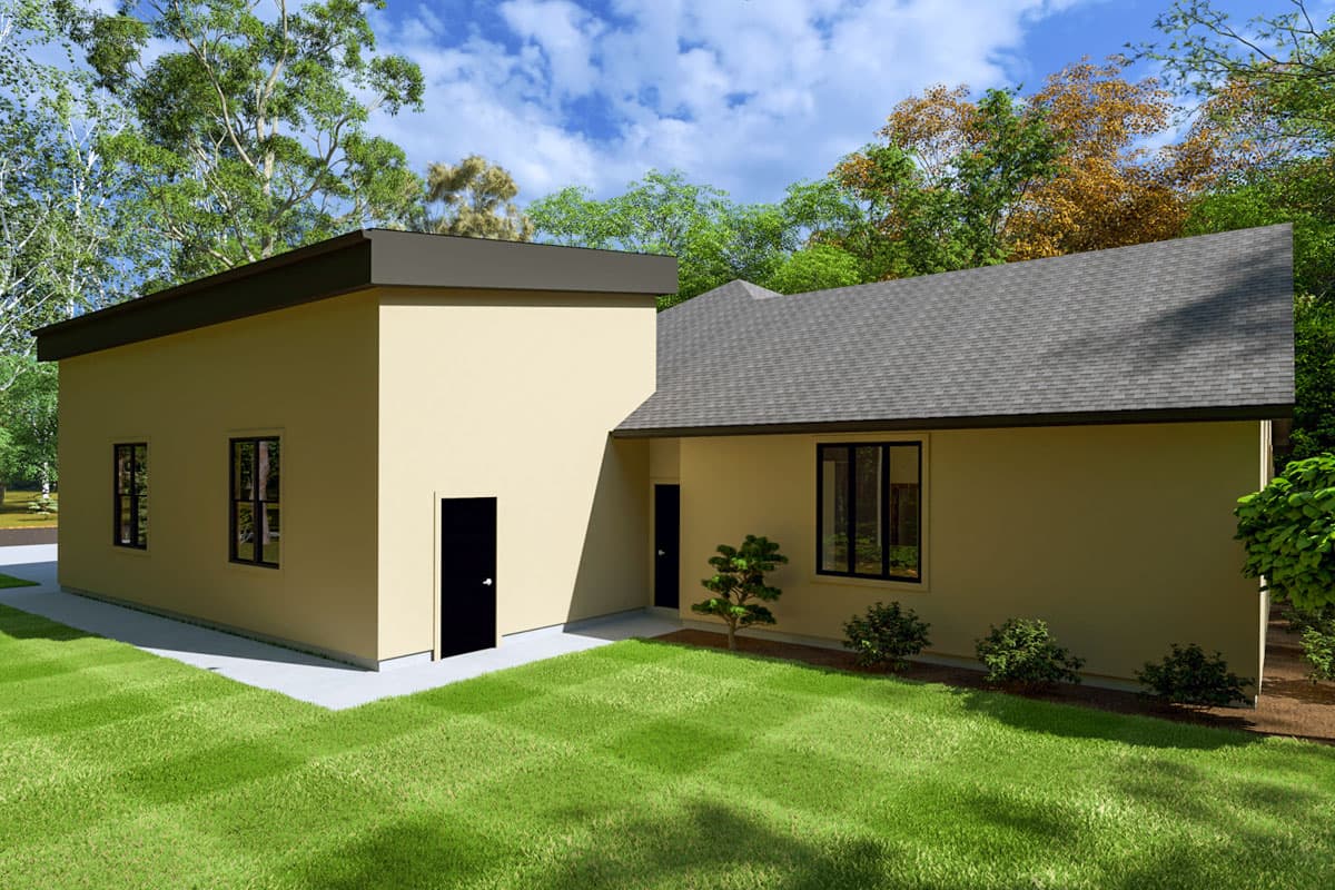 House plan exterior: single-story modern design with hipped roof, flat overhangs, two doors, and multiple windows.