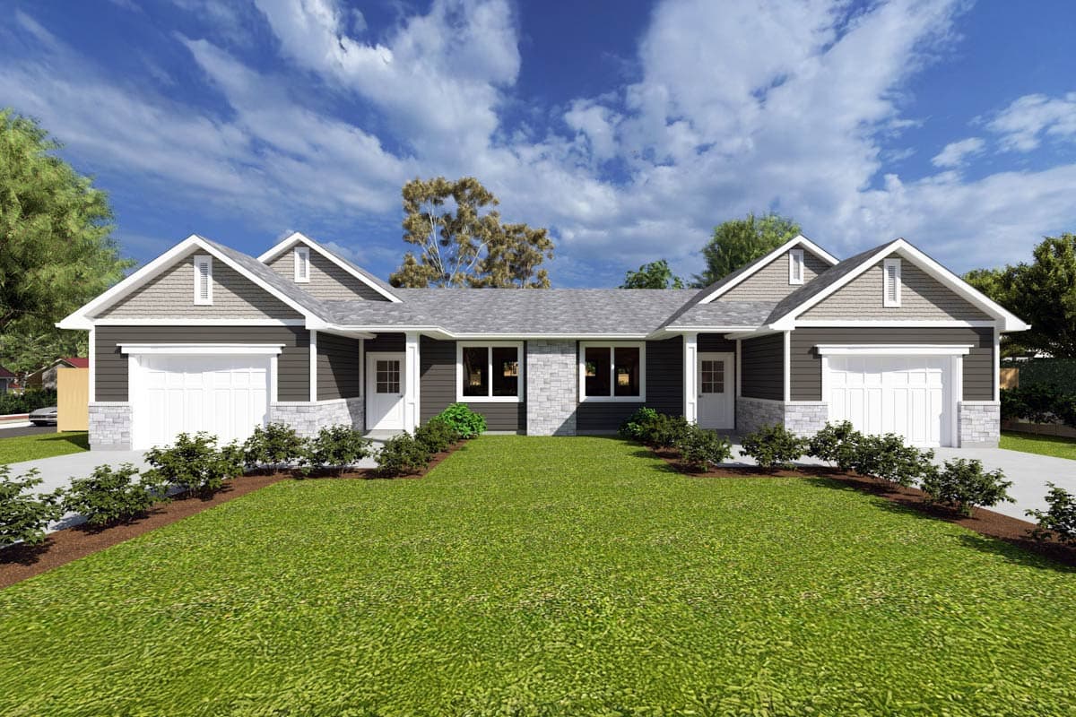 House plan exterior. Two-story, Craftsman-style home with gabled roof, two-car garage, and dormer windows.