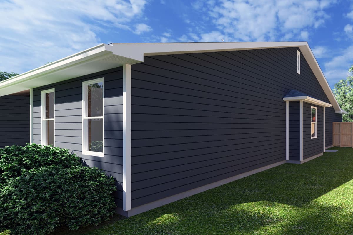 House plan exterior, single-story home with dark horizontal siding, white trim, gabled roof, and visible windows.