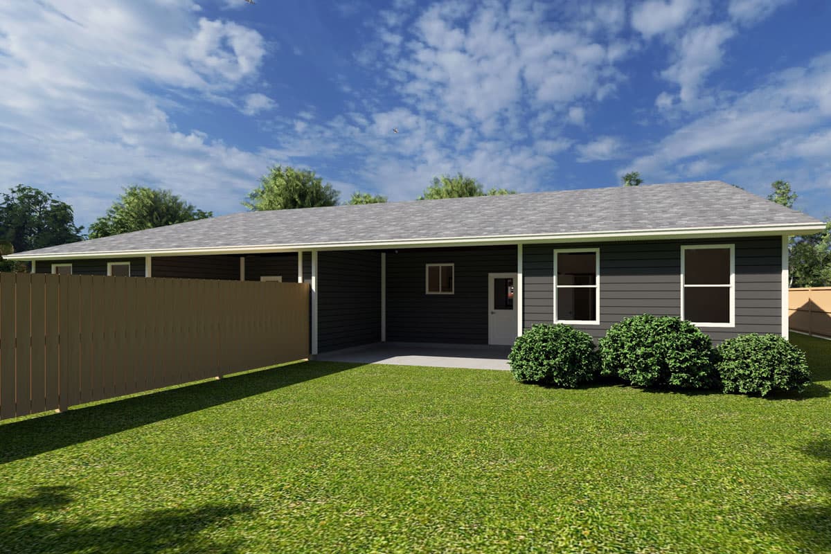 One-story house plan exterior with dark siding, white trim, gable roof, carport, and a wooden fence.