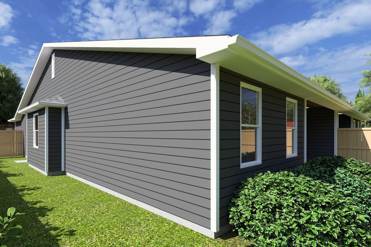 House plan exterior rendering of a one-story home with horizontal siding, white trim, and a visible gable vent.