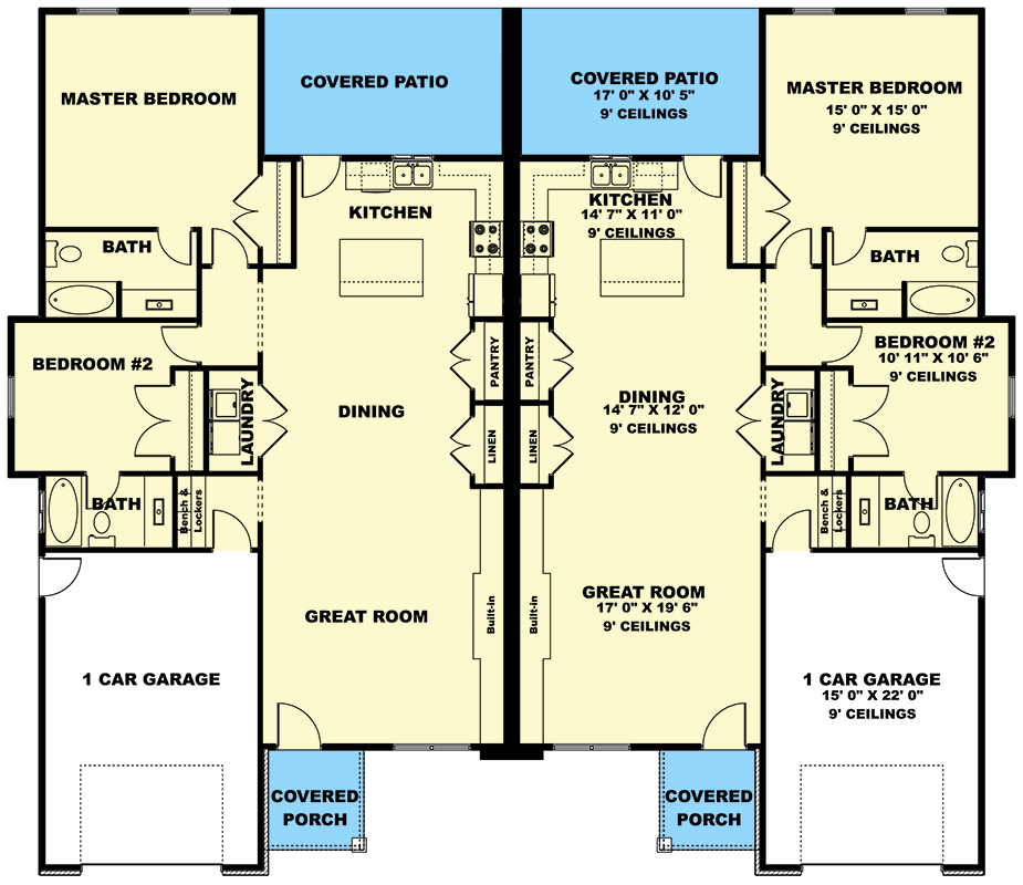 Plan 506029BRY: 2-Bed Single-Story Duplex House Plan with Open Concept Living - 1357 Sq Ft Per Unit - Floor Plan - Main Level - Ranch, Traditional