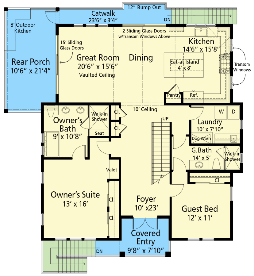 Plan 33272ZR: 2-Bed Coastal Contemporary with Two-Story Great Room - 2114 Sq Ft - Floor Plan - Main Level - Coastal Contemporary