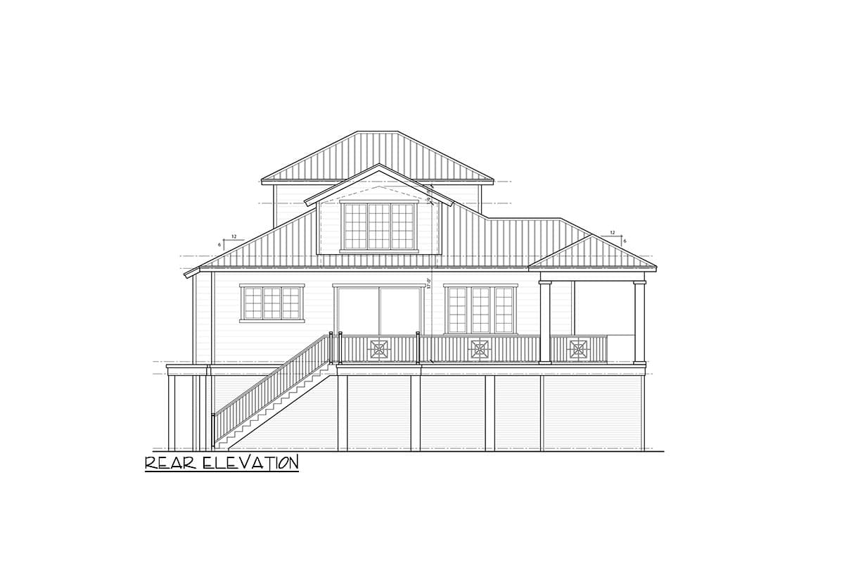 Rear elevation drawing of a house plan featuring multiple gables, a dormer, and a covered porch with columns.