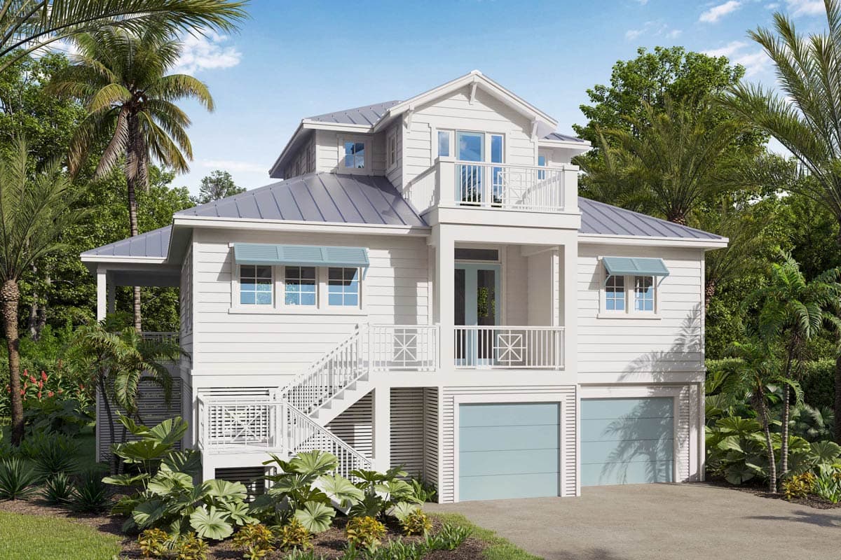 House plan exterior. Two-story coastal style home with multiple balconies, a metal roof, and attached garage. Exterior staircase.