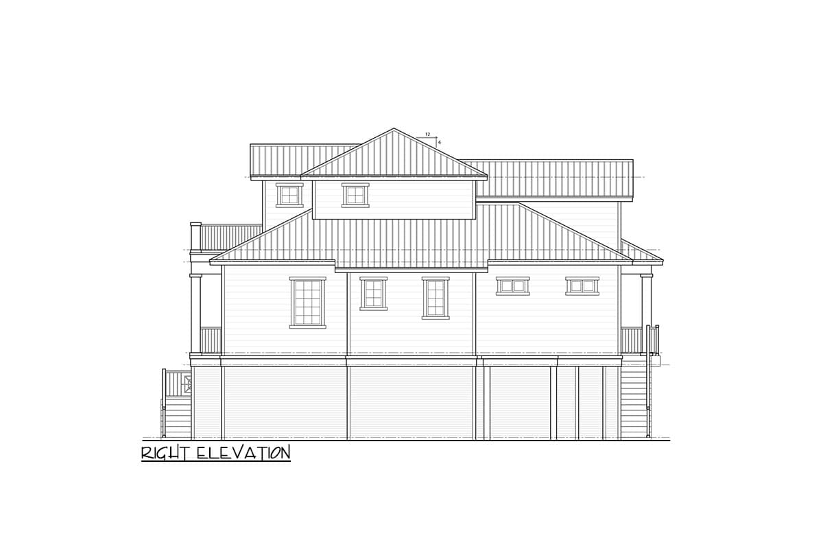 Right elevation floor plan drawing shows a multi-story house with gables, dormers, and a covered porch.