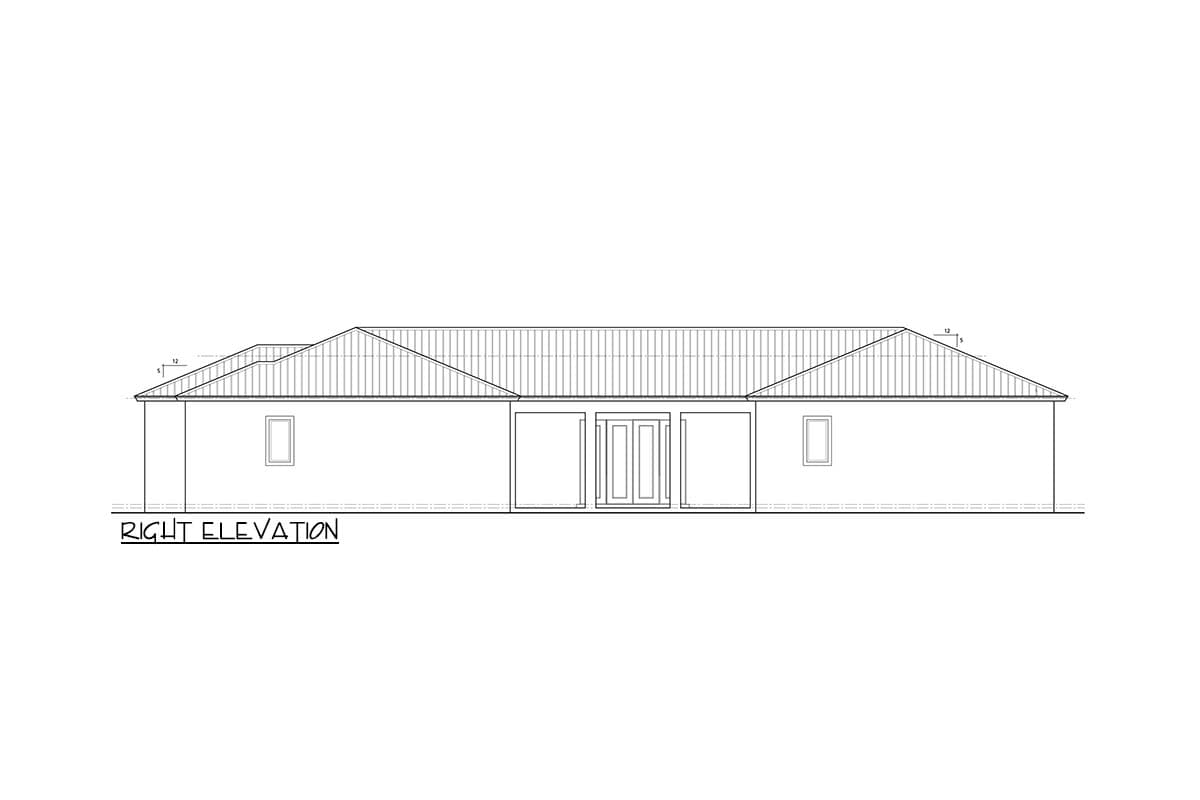 Right elevation drawing of a single-story house plan with a hipped roof, central double doors, and two windows.