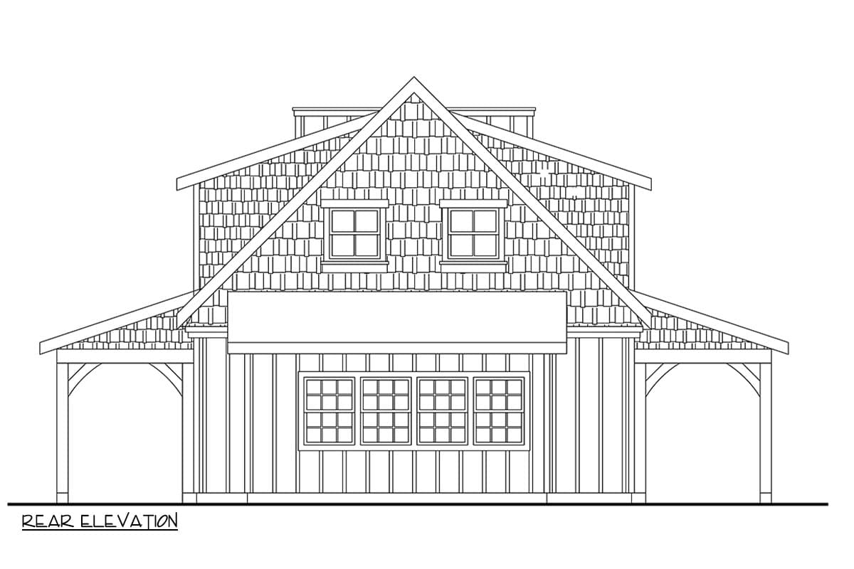 Rear elevation drawing of a two-story house plan with shingle siding, a prominent gable, and covered porches on both sides.