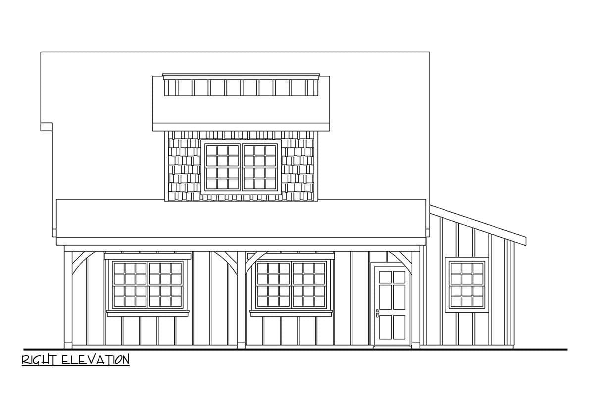 Right elevation house plan: Two stories, covered porch with timber supports, shingled upper facade, and multiple pane windows.