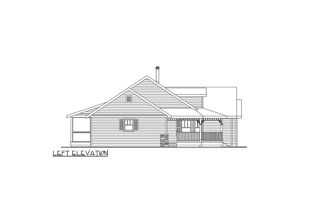 Left elevation house plan shows a one-story dwelling with a gable roof, front porch, and side covered porch.