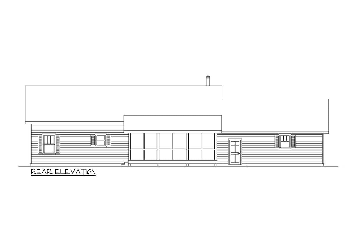 Rear elevation drawing of a house plan, showing clapboard siding, a sunroom with multiple windows, and a chimney.