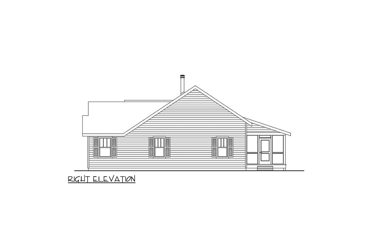 Right elevation drawing of a house with a gable roof, dormer, chimney, three windows, and a screened porch.