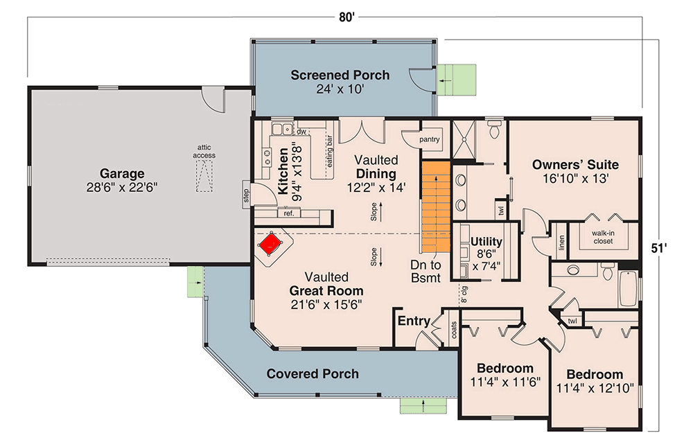 Plan 72457DA: 3-Bed Country Ranch House Plan with Wrap-Around Porch - 1786 Sq Ft - Floor Plan - Main Level - Cottage, Country, Ranch, Traditional