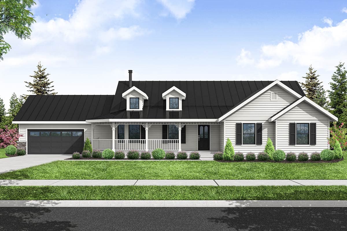 House plan exterior. Ranch style with a front porch, two dormers, and an attached garage. Features include a gable roof and shutters.