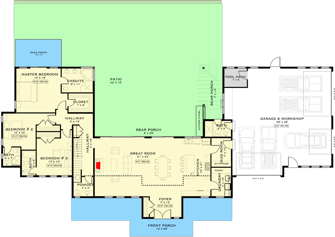 Plan 147025RML: 3-Beds New American Barndominium House Plan with Two-Story Great Room - 3111 Sq Ft - Floor Plan - Main Level - Barndominium, Farmhouse, New American