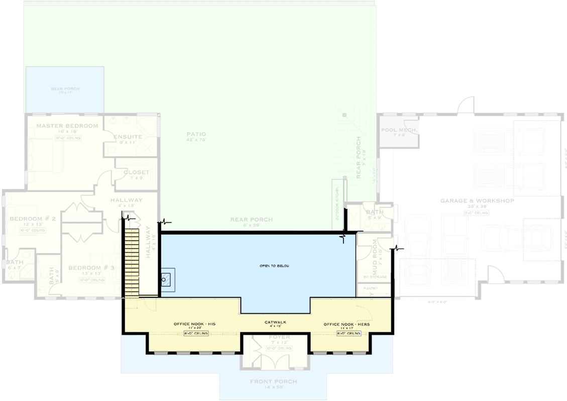 Plan 147025RML: 3-Beds New American Barndominium House Plan with Two-Story Great Room - 3111 Sq Ft - Floor Plan - 2nd Floor - Barndominium, Farmhouse, New American