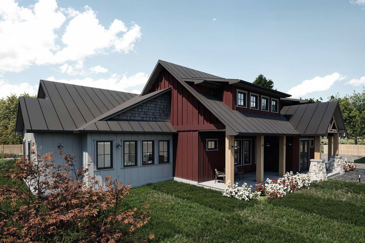 Modern Farmhouse house plan exterior with gabled rooflines, board and batten siding, and covered porch.