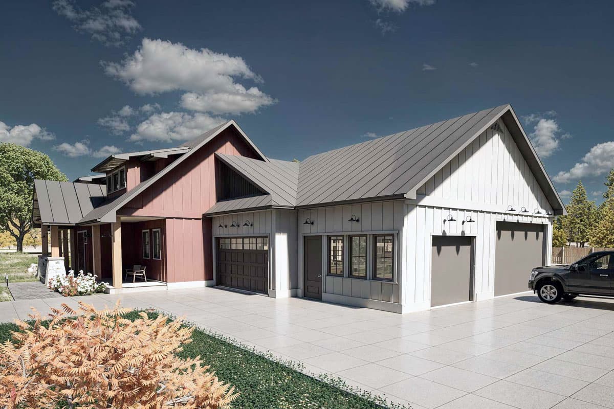 Modern Farmhouse house plan exterior with a three-car garage, metal roof, dormers, and a covered porch.
