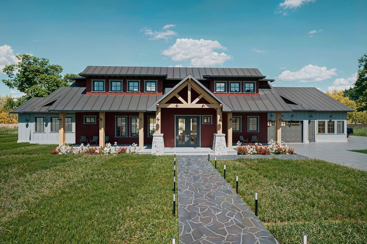 Modern Farmhouse house plan exterior with double gable, covered porch, and attached garage.