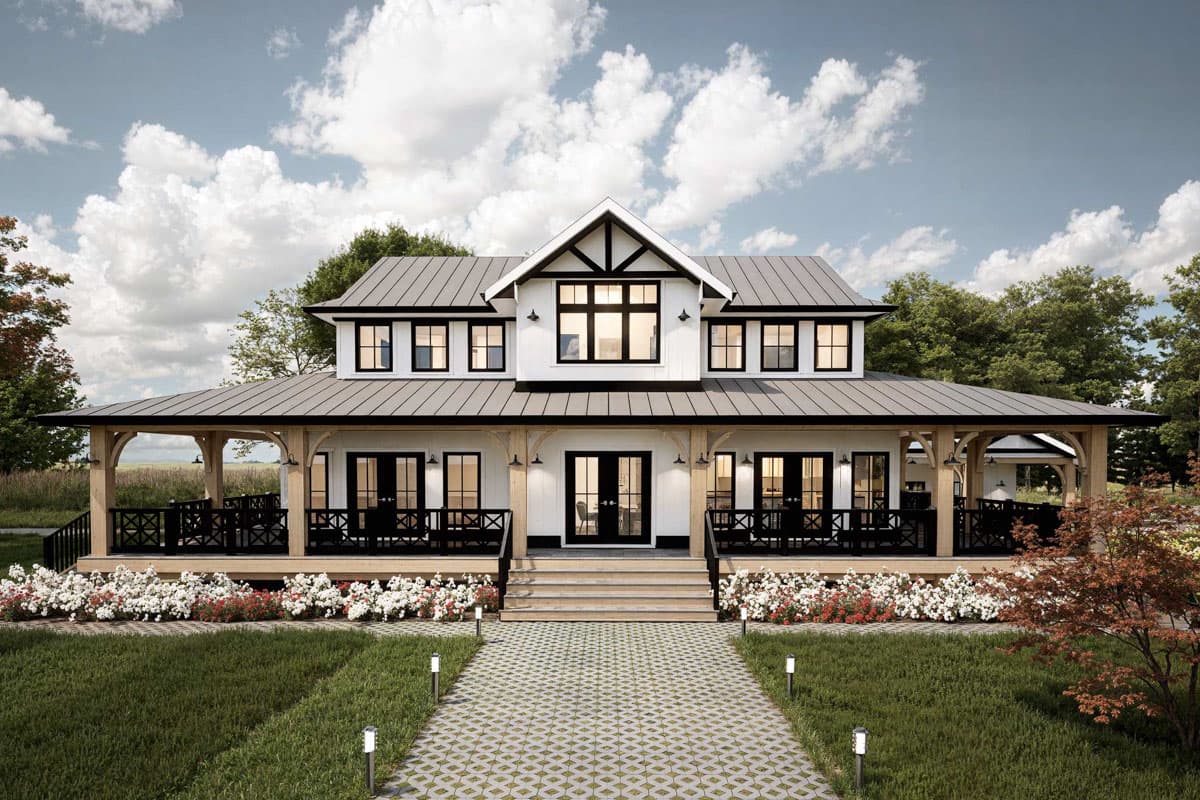 Modern Farmhouse house plan exterior with wraparound porch, gabled dormers, and a central cross gable.