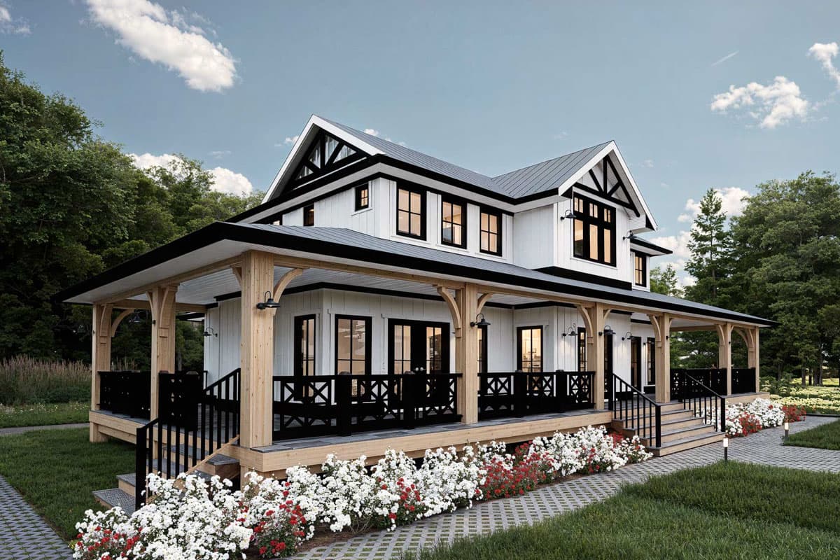 Modern Farmhouse style house plan exterior featuring a wraparound porch, gables with exposed beams, and dark-trimmed windows.