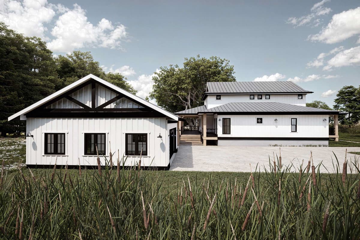 Modern Farmhouse house plan exterior with vertical siding, gable roof, large attic window, and covered porch.