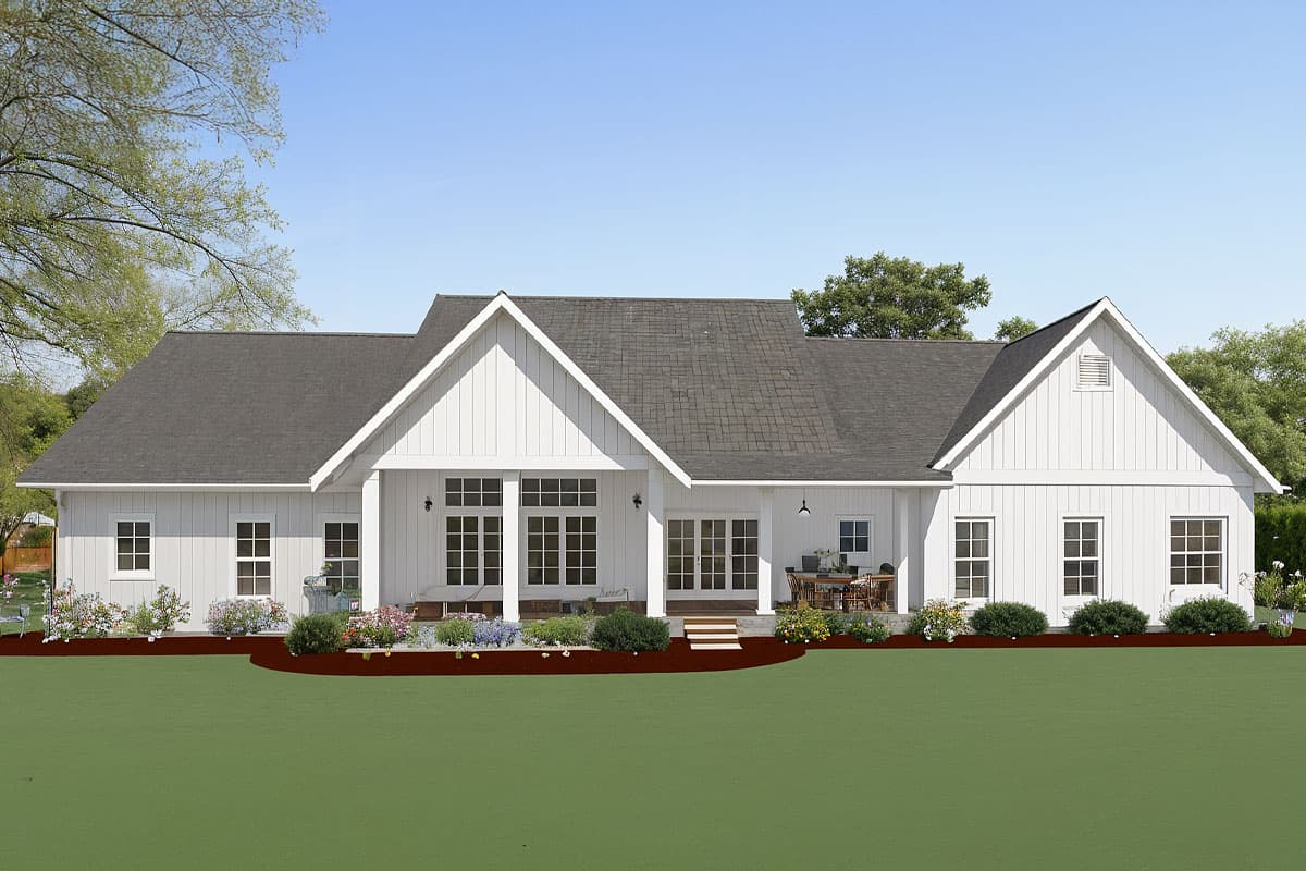Modern Farmhouse house plan exterior with a deep covered porch, board-and-batten siding, and multiple gables.