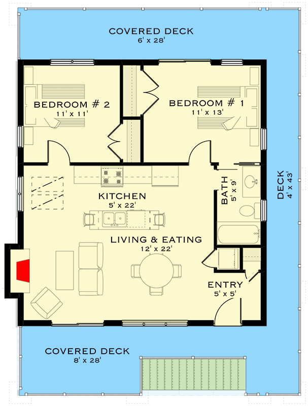 Plan 147027RML: 2-Bed Mountain House Plan with Wrap-Around Deck - 849 Sq Ft - Floor Plan - 2nd Floor - Carriage, Mountain