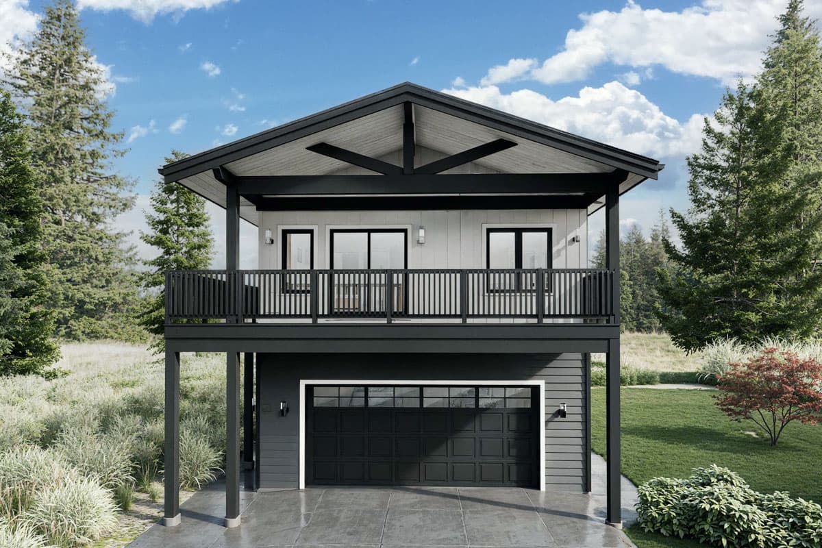 Modern house plan exterior with elevated deck, cantilevered roof, and lower-level garage. Two stories.